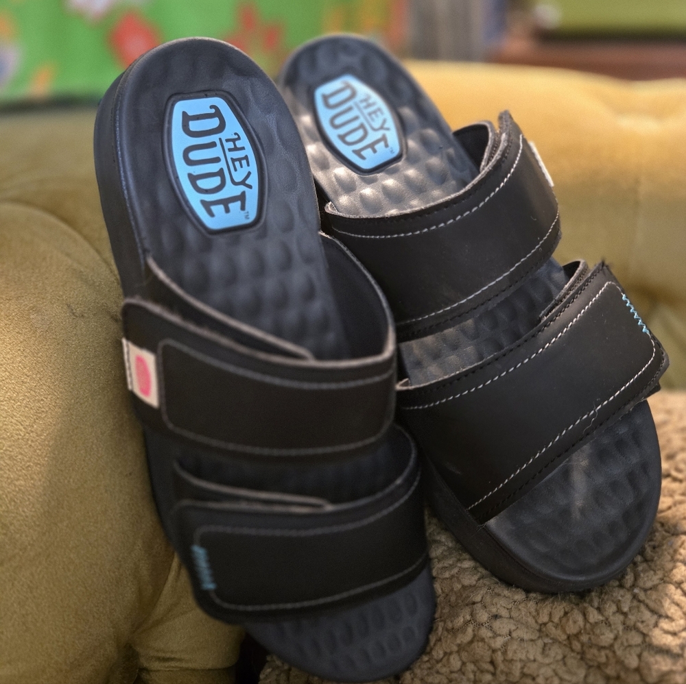 Hey Dude Black Slide Sandals with Blue Logo
